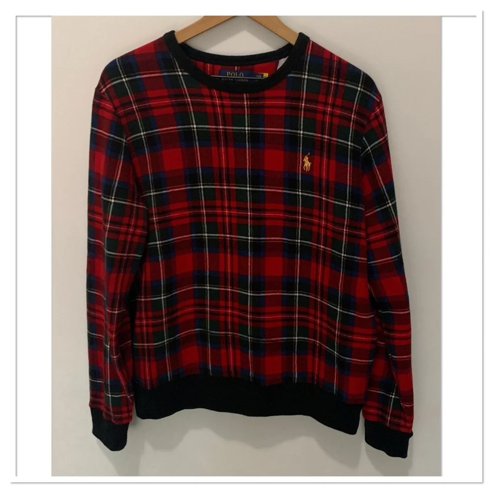 Polo Ralph Lauren Buffalo Check Plaid Crewneck Sweater Red Multicolor Size M